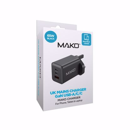 Picture of Mako Mako 65W GaN2 UK Mains Charger for USB-C/USB-C/USB-A in Black